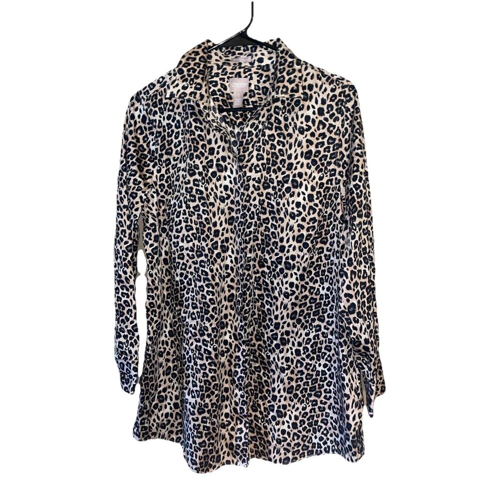 Women’s Chico’s Cheetah Print Button Up Dress Shirt Sz M (8) Wrinkle Resistant